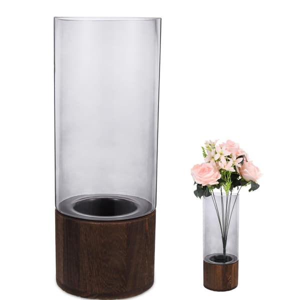 Kunstnerisk træglasvase Træbase Cylindrisk blomstervase Klassisk Boho Rustik Stil til Pejs Soveværelse Køkken Stue Midtpunkter 12x30cm