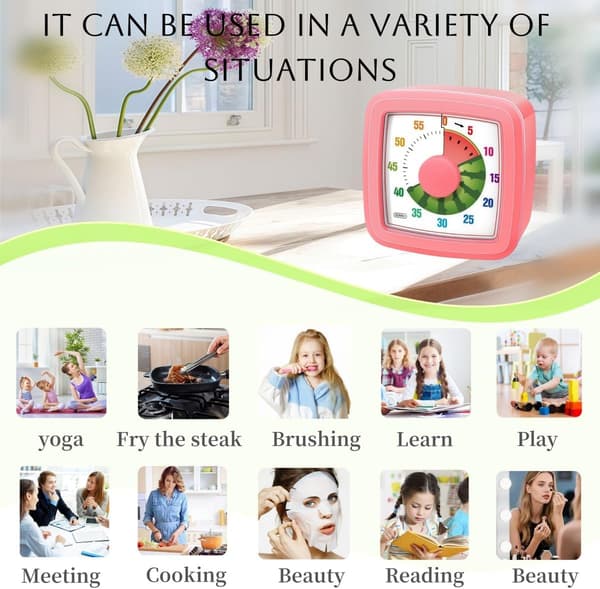 Visuel timer til børn til køkken, klasseværelse, madlavning, læring, soveværelse, 60-minutters nedtælling Pomodoro-timer til børn med autisme ADHD (vandmelonstil)