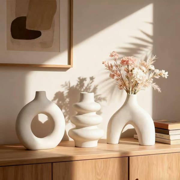 Sæt med 3 store hvide keramiske vaser Moderne minimalistisk blomstervaseindretning til stue, kontor, bryllupper, midterstykker og gaver