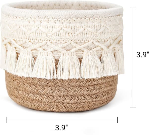 Makrame Makeup Børsteholder Organizer Kam Børster Mini Opbevaringskurv Sæt med 2 Boho Indretningskurve til Pen Blyant Boks Beholder Gul og Hvid