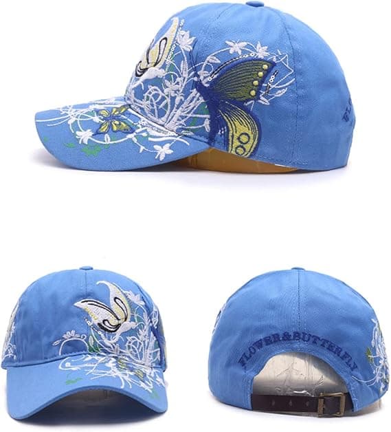 Baseballkasket til kvinder med sommerfuglebroderi – Blomsterpaillet justerbar solhat blå blue