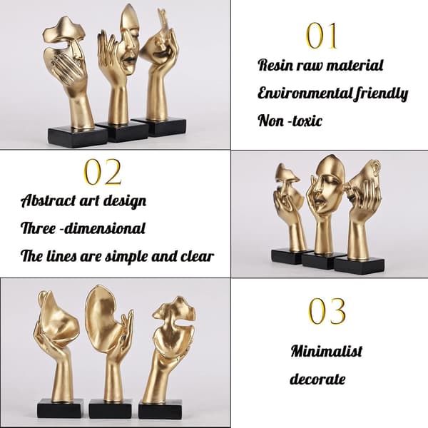 3-delt figur sæt – Sorte og guld abstrakte kunstfigurer til boligindretning, velegnet til bogreoler og skriveborde.