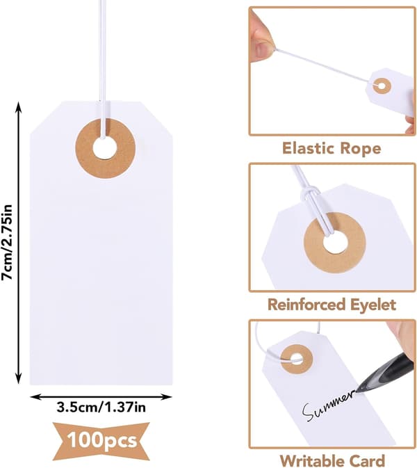 100 tomme merkelapper med elastiske snorer, forsterkede hull, utskrivbare hengelapper 2,75x1,37 tommer