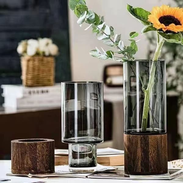 Konstnärlig Trä Glas Vas Träbas Cylindrisk Blomvas Klassisk Boho Rustik Stil för Öppen Spis Sovrum Kök Vardagsrum Centerpieces 12x30cm