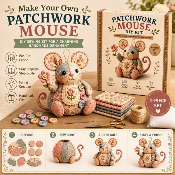 Patchwork Mus DIY Sæt Håndlavet Syhåndværkssæt Sød Musepynt DIY Sæt med Blomstret Stof Fyld Knapper til Voksne Begyndere