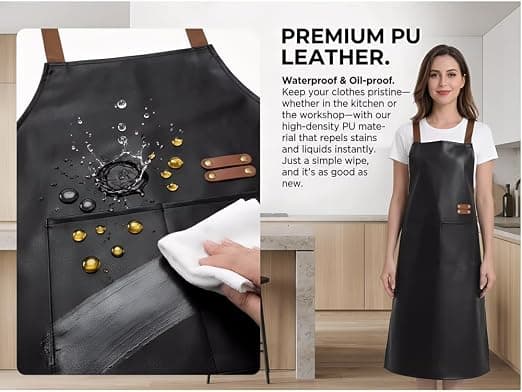 Vanntett forkle Stor lomme PU-materiale Vanntett Oljetett Støvtett Forkle Svart 1pc