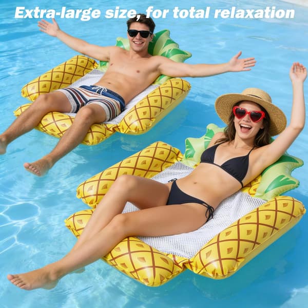 Oppustelig Ananas Poolflyder med Netbund, Vandhængekøje til Voksne, Poolflyder til Strand, Sø og Rejser (147x124cm)