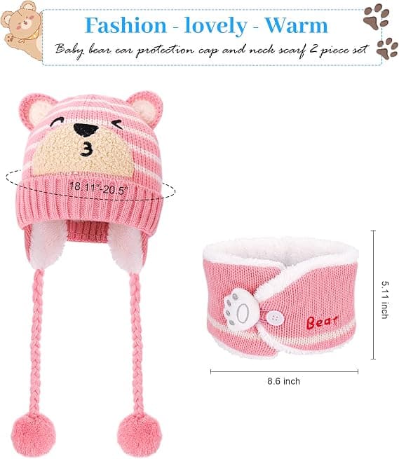 Baby stickad mössa och halsduk set nyfödd och småbarn vinter varm stickad mössa fleecefoder lämplig för små pojkar och flickor.