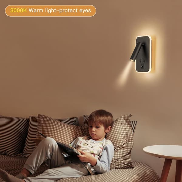 Hodegjerde Leselys Nattbordslampe Plug-in Kablet 2-i-1 Vegglampe Nattbordslamper USB C+A Porter Justerbare Hodegjerde Lamper for Soverom