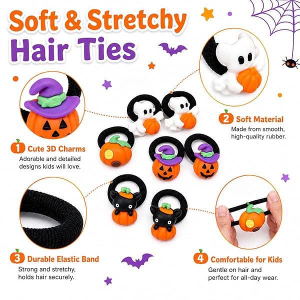 10 STK Halloween Hårelastikker, Spøgelse Græskar Sort Kat Mini Elastiske Hårbånd til Piger og Småbørn, Heksehat Græskar Scrunchies, Cosplay Tilbehør