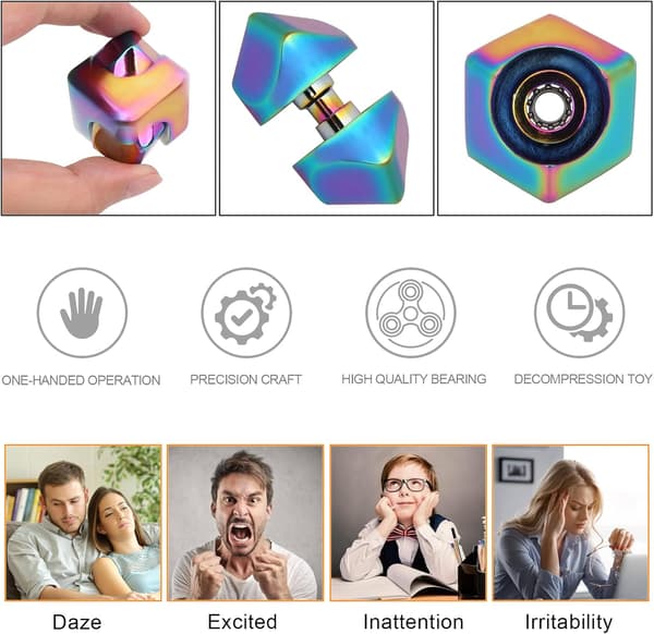Fidget Cube Spinner 4-i-1 Metallisk Anti-Angst Fokuslegetøj EDC Finger Spinner til ADHD Stresslindring & Skrivebordsfidgeting Regnbue