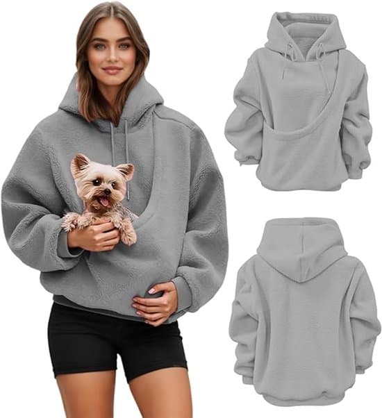 Hættetrøje med kæledyrspose, oversized fleecetrøje med frontlomme, hætte og snøre, maskinvaskbar, lysegrå, XL Light gray XL