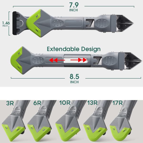 5-i-1 silikonfugeverktøy (rustfritt stålhode) 5 utskiftbare silikonputer fugefjerner og silikonforseglingshjørneskraper.