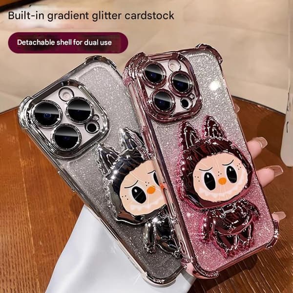 Monster Dold Stativ Spegel Dubbelanvändbar Telefonfodral för iPhone 17 Söt Vikbart Stativ Unisex iPhone 17