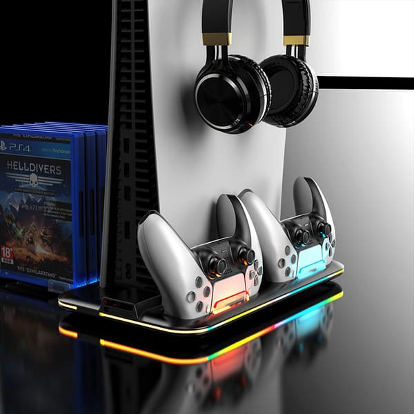 PS5-stander med kølestation og controller-ladestation PS5-tilbehør - Køleventilator RGB LED-hovedtelefonholder 6 PS5-spillepladser Black