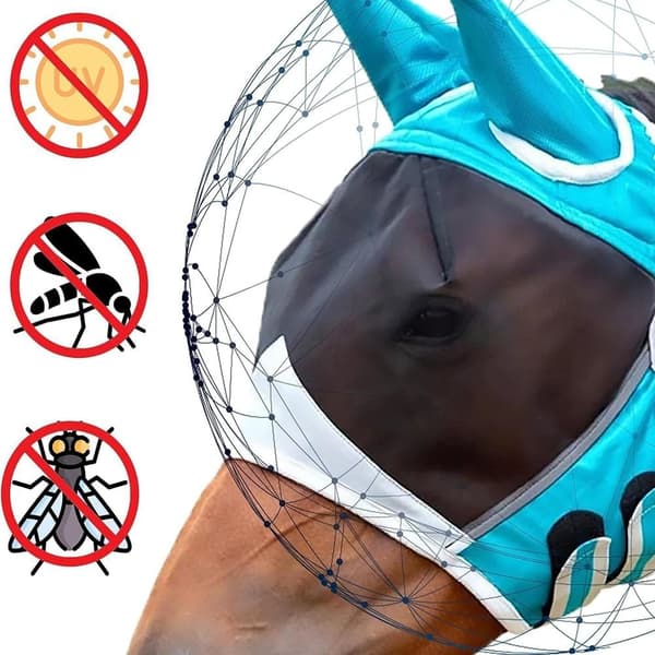 Hestefluemaske med ørehull, justerbart elastisk materiale, halv ansiktsfluemaske, stor øyeplassbeskyttelse for daglig utegang, staller med flere hester (medium)