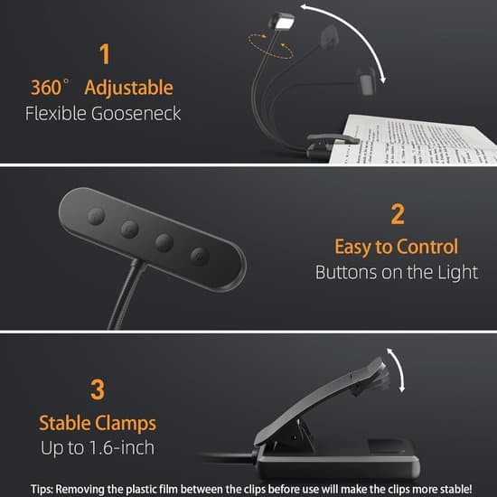 LED bokleselys – 3 lysmoduser – Oppladbart nattbordsleselys – Klemme-leselys – Boklys – Nattbordslampe – 315° roterbar