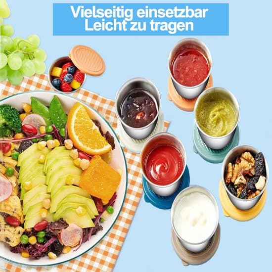 6 stk. dippkopper i rustfritt stål med lokk – 80 ml salatdressingbeholdere for sauser, dipper, snacks og krydder (reisevennlig)