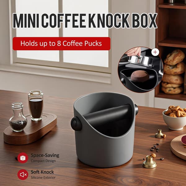 Espresso Knock Box - Premium Knock Box til Espressomaskiner med Skridsikker Base, Inkluderer Børste og Støvblæser, Knock Box Espresso Tilbehør (Grå)
