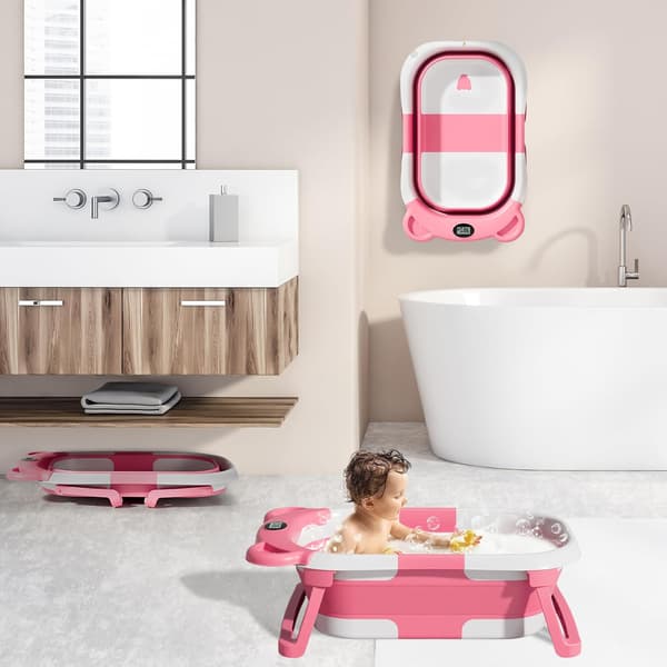 Babybadekar med realtids temperaturmonitor + flydende pude, sammenklappeligt Pink