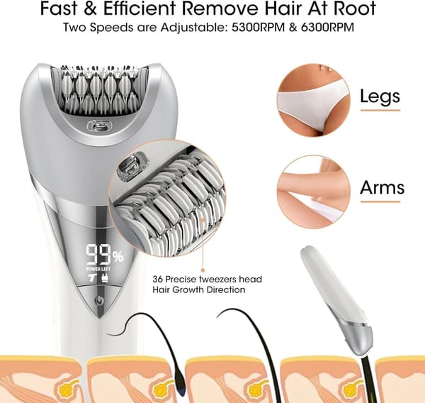 6-i-1 Epilator|Hårfjerner| IPX6 Barbermaskine| Trimmer| Ansigtsbørste| Ansigtsmassager & Kropspeeling.