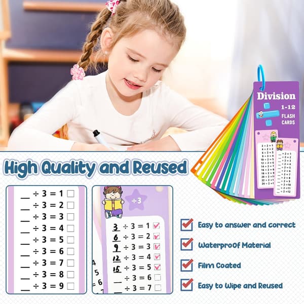 60-pack Multi Math Flash Cards Addition Subtraction Multiplication Division Flashcard med 2 Dry Erase Markers 4 Rings Educational Times Table
