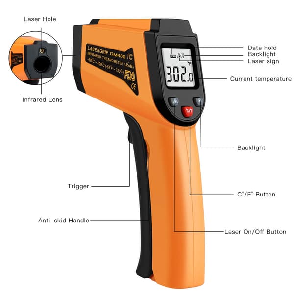 Infrarødt termometer -50°C til 400°C (-58°F til 752°F) Digitalt laser infrarødt termometerpistol