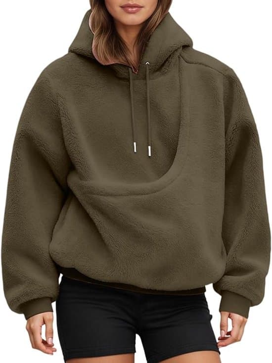 Hættetrøje med kæledyrspose, oversized fleecetrøje med frontlomme, hætte og snøre, maskinvaskbar, bronze, XL brown XL
