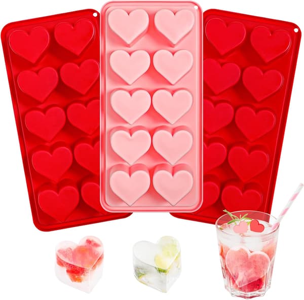Hjerte Isterningeforme, 10-rums Hjerteformede Silikoneforme til Chokolade, Isterninger, Slik, Pink Røde Isterningebakker til Cocktails (Pakke med 3)
