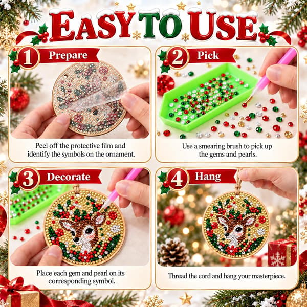 6 stk. julepynt DIY perle-diamant-kunst-sæt til voksne, hængende hobby-dekorationssæt med snor til julevinduespynt K