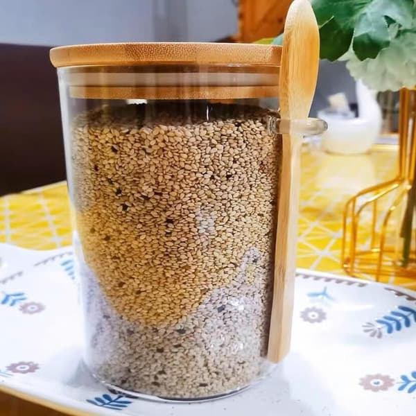 2 flaskor glasburkar med bambulock och skedar stapelbara matförvaringsbehållare i glas köksorganisatörsburkar 600 ml