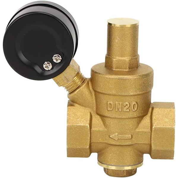 Trykreduktionsventil DN20 messing justerbar vandtryksregulator med vandmåler.