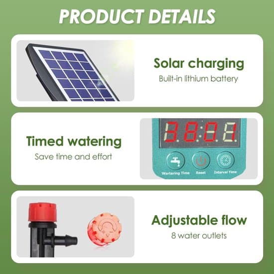 Solar drypvandingssystem – Automatisk vandingssystem med timer – Til have og drivhus – Velegnet til 10 potter – 10 meter slange