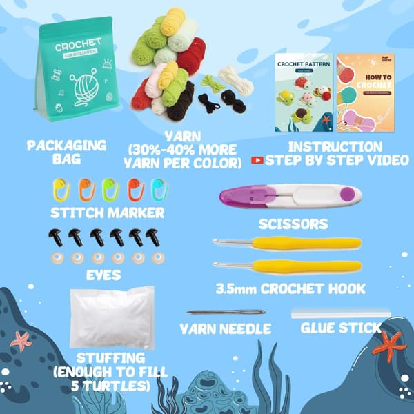 DIY hæklesæt til begyndere hæklesæt til voksne håndarbejde strikkedyresæt 5 frugtskildpadder (40%+ garn)