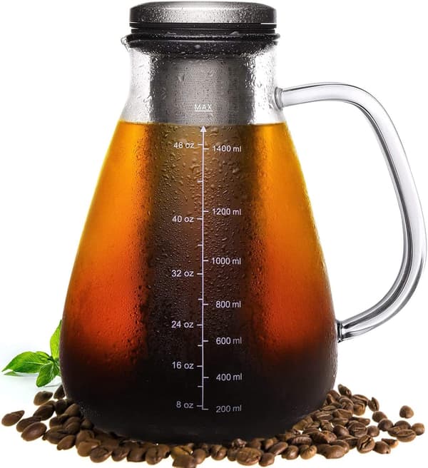 Koldbrygget iskaffemaskine, kaffebrygger, koldbrygget kande, glasbeholder