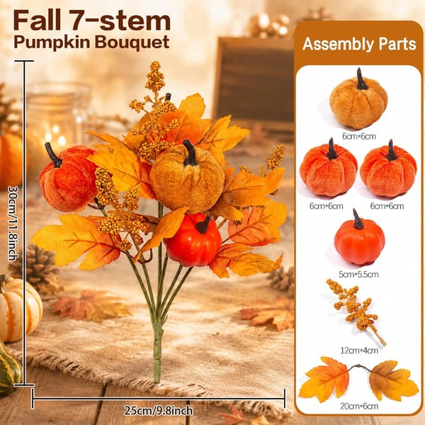 Höstpumpabukettset 2-pack 30 cm Höstblommor med sammet och plastpumpa, lönnlöv, bär för Thanksgiving-mittstycken, vaser