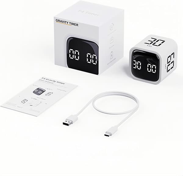 Digital Cube Pomodoro Timer - Genopladelig Fokustimer med Vibrationsalarmer til Kontor og ADHD Børns Læring (Hvid)