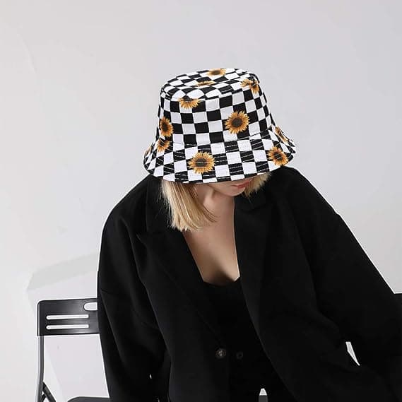 Fiskarhatt Sommar Resa Strand Solhatt Fiskehattar Utomhuskeps för Kvinnor Män Checkered Sunflower Pattern