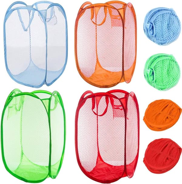 4-pack tvättkorgar i mesh, hopfällbara klädkorgar för sovrum, studentrum och resor, röd, orange, grön och ljusblå