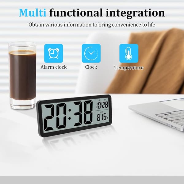 Tyst digital väggklocka med datum/tid/temperatur stor display mångsidig batteri-/USB-driven 8 tums stor LCD-skärm klocka med 12/24H monterad