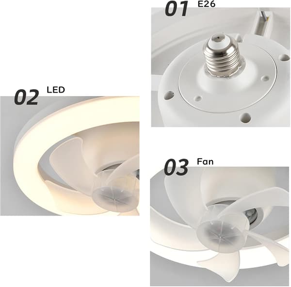 Fjernbetjent LED-pære E26 fatning loftventilatorlampe dæmpbar 3 vindhastigheder 3 farvedæmpning rystehoved lille sugeloftventilator