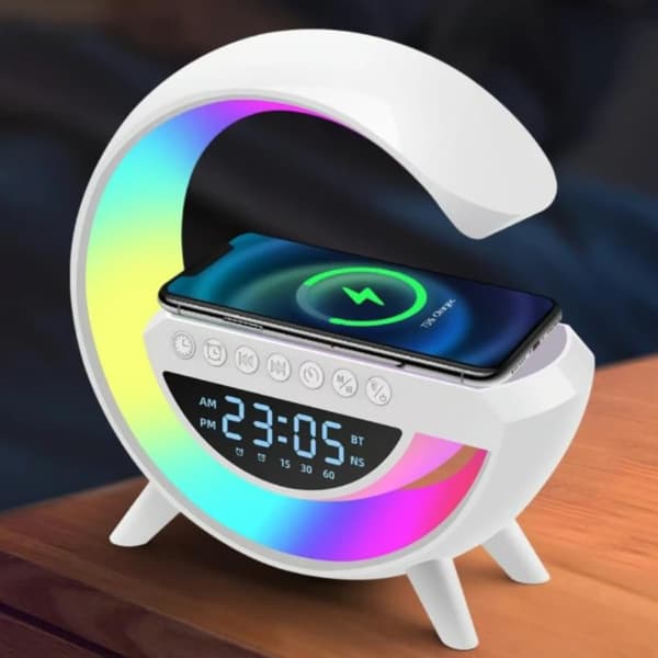 Bluetooth väckarklocka – 5W trådlös laddning RGB FM – För sovrum – Vit 24.5 x 21.5 x 8 cm