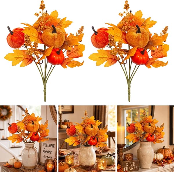 Höstpumpabukettset 2-pack 30 cm Höstblommor med sammet och plastpumpa, lönnlöv, bär för Thanksgiving-mittstycken, vaser