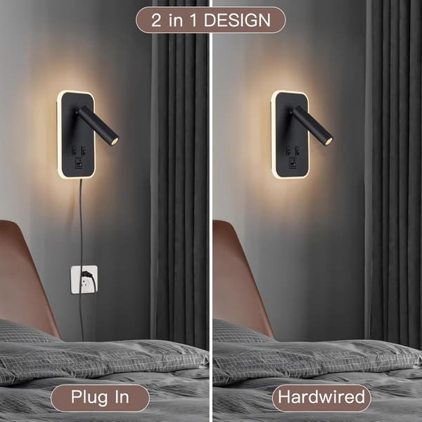 Hodegjerde Leselys Nattbordslampe Plug-in Kablet 2-i-1 Vegglampe Nattbordslamper USB C+A Porter Justerbare Hodegjerde Lamper for Soverom