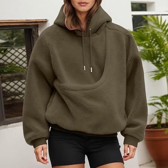 Hættetrøje med kæledyrspose, oversized fleecetrøje med frontlomme, hætte og snøre, maskinvaskbar, bronze, S brown S