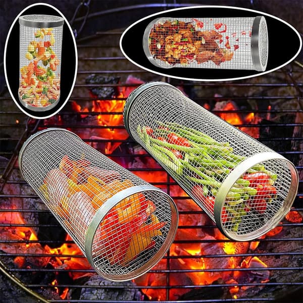 2 stycken stora grillkorgar i rostfritt stål med stativ