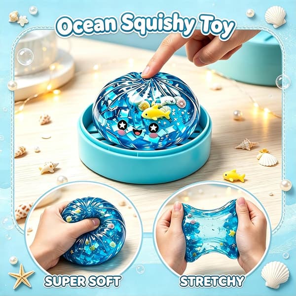 Blå Ocean Dumpling Squishy med Ångbåtsbas Jelly Squeeze Fidget Toy Haj & Snäckskalsdesign Stresslindring Sensorisk Leksak för Barn & Vuxna 2st 2pcs