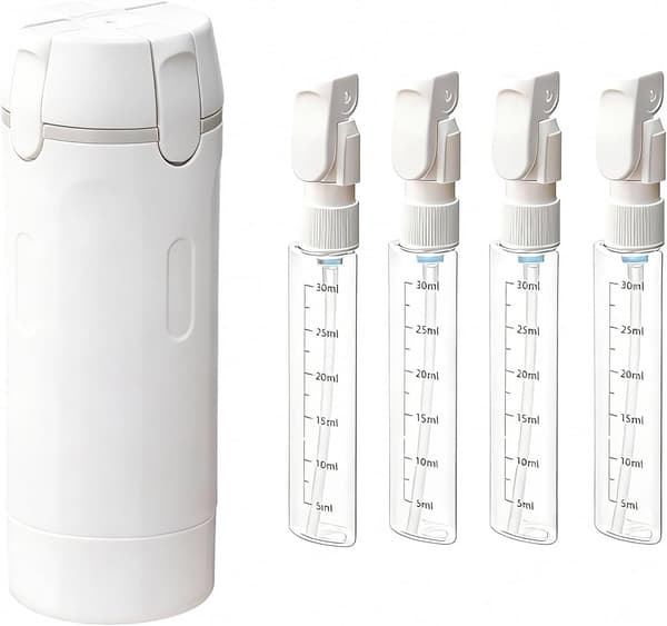 4-i-1 Resedispenserflaskset Påfyllningsbara Läckagesäkra Resetoalettflaskor för Schampo Kroppstvätt Lotion & Balsam 30ml×4 Vit