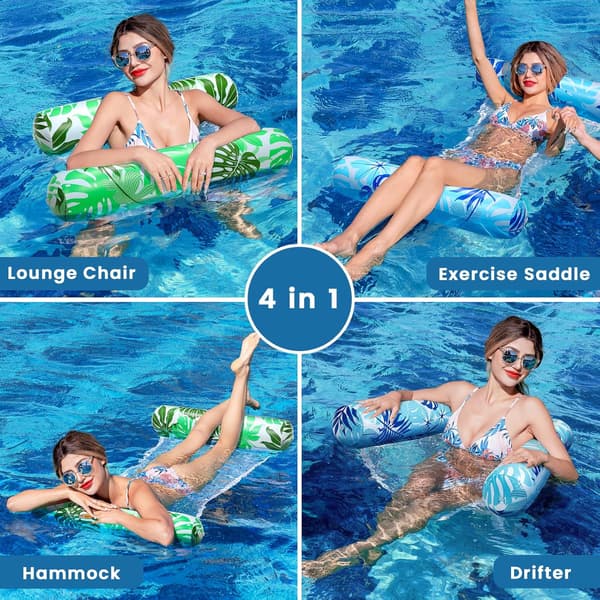 2-pack uppblåsbara poolflottar för vuxna 4-i-1 vattenhängmatta solstolar flottar tjocka PVC-poolflottar för pool och semester