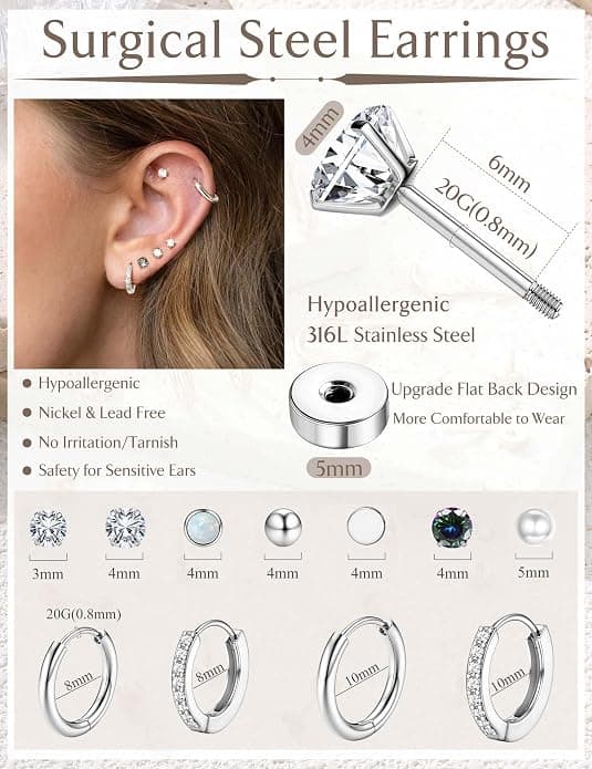 Øredobber med flat bakside for kvinner Hypoallergene øredobber Studs Hoops | 20G bruskøredobber Stabler for sensitive ører Små Huggie Hoops Flat Back Studs
